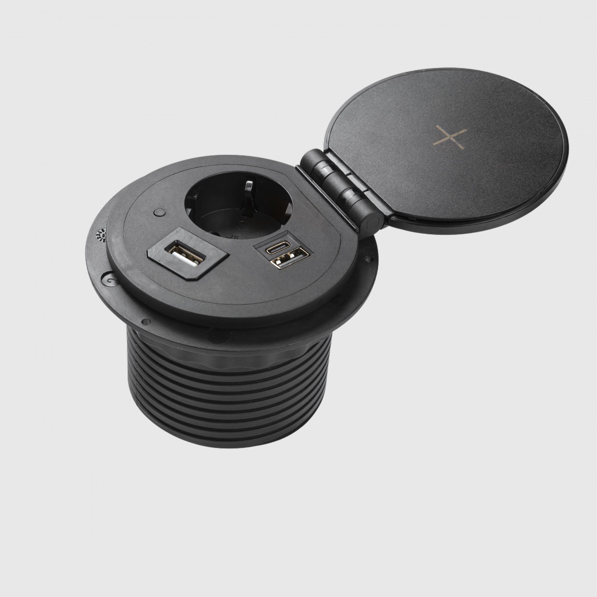 Врізна розетка з USB A+C, змінними портами (USB-A, HDMI, RJ45) і бездротовою зарядкою - TEHNOTABLE