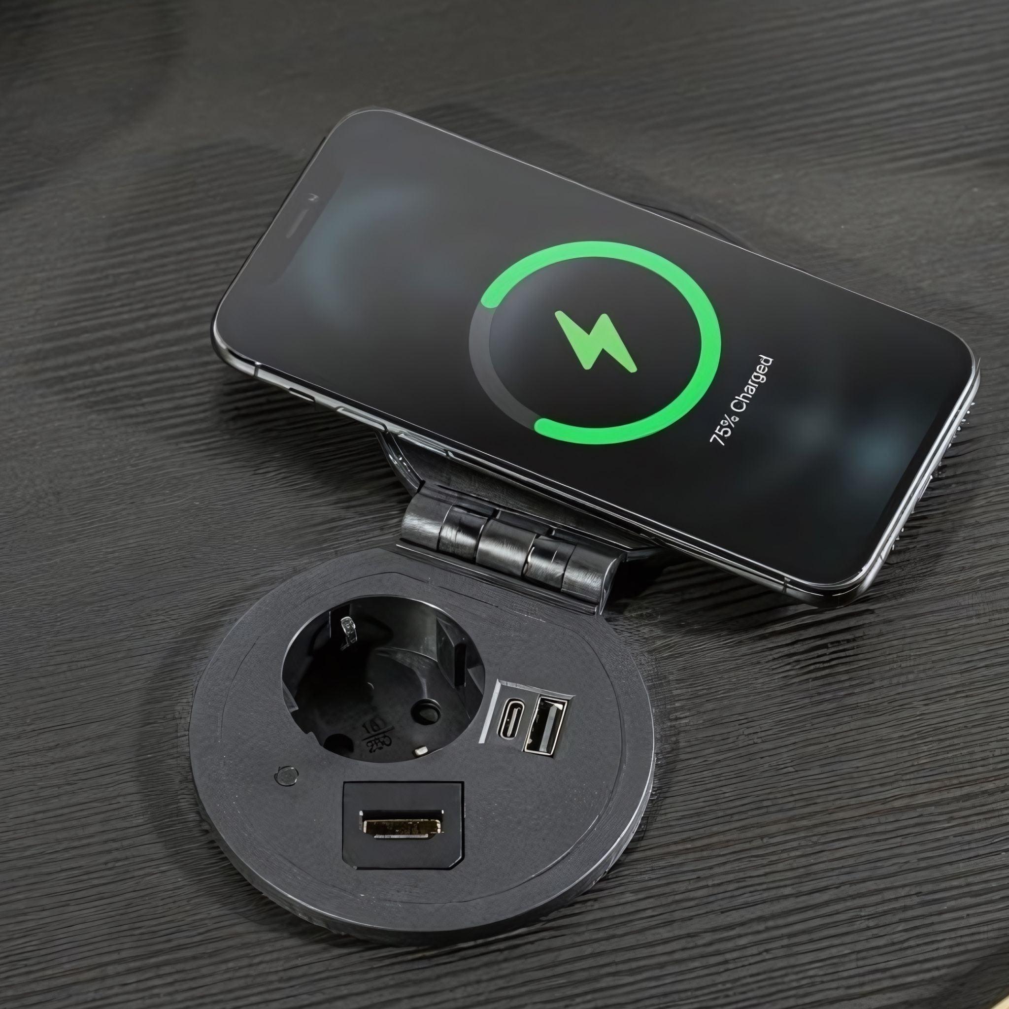 Врізна розетка з USB A+C, змінними портами (USB-A, HDMI, RJ45) і бездротовою зарядкою - TEHNOTABLE