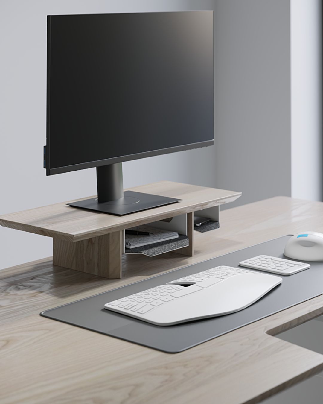 Полиця під монітор з ясеня з вбудованими органайзерами – стильне та функціональне рішення для робочого місця.