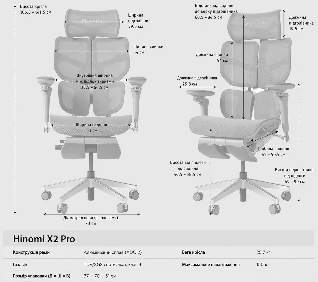 Габаритні розміри Ергономічного крісла Hinomi X2 Pro з підставкою для ніг