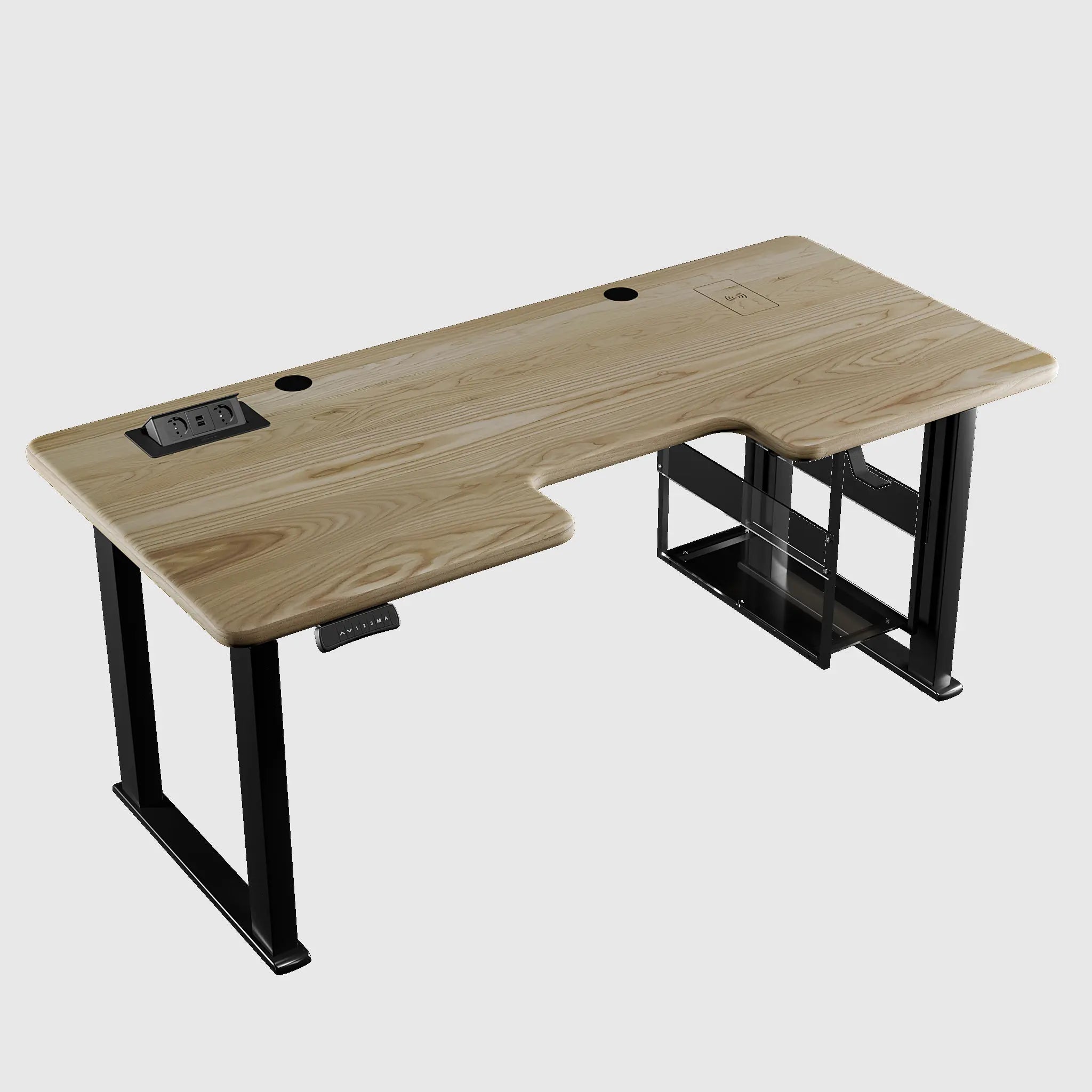 Стіл з регулюванням висоти LiteQuad з дерев’яною стільницею, розетками, полицею під ПК та бездротовою зарядкою