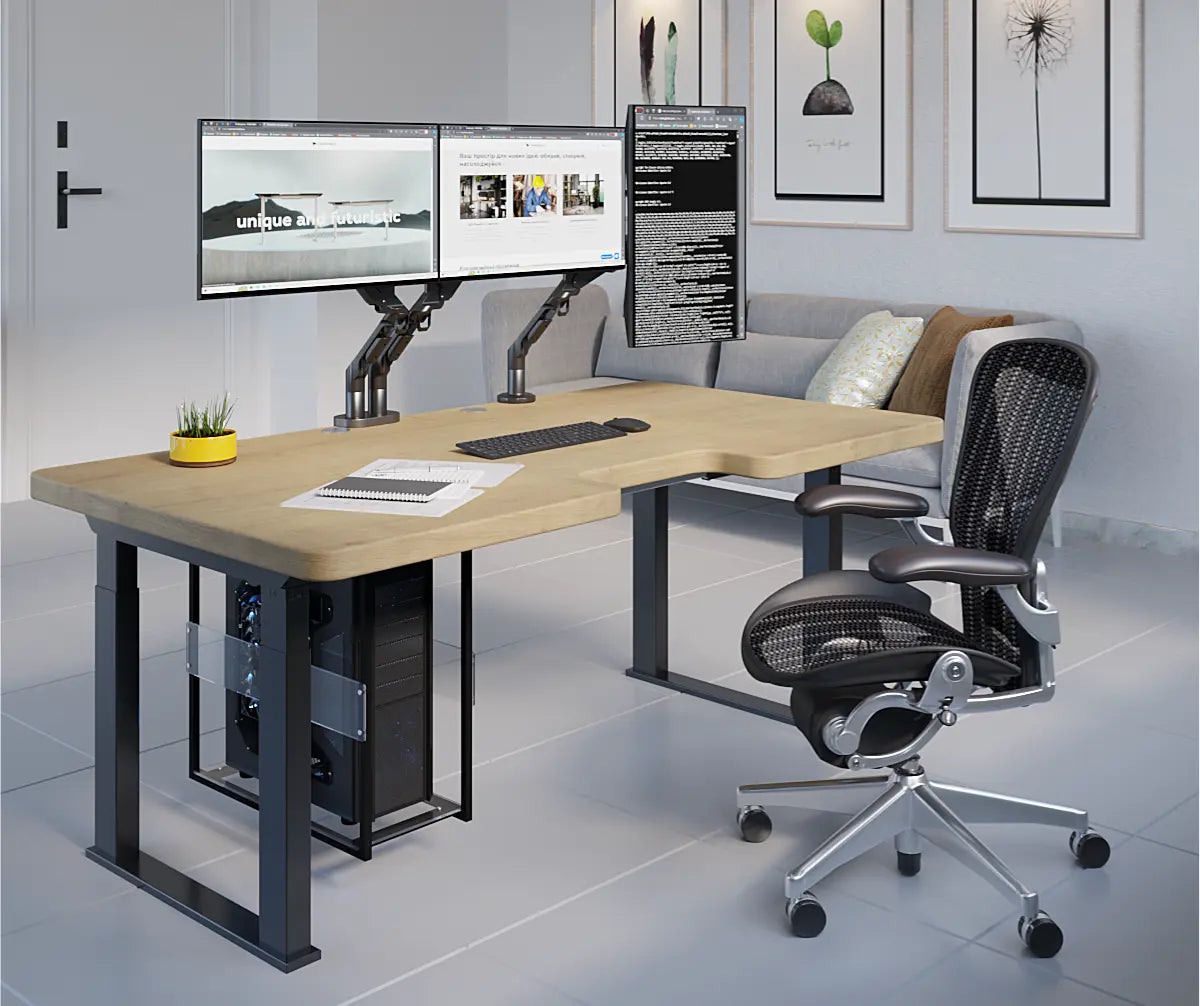 Стіл з регулюванням висоти LiteQuad з дерев’яною стільницею, розетками, полицею під ПК та бездротовою зарядкою