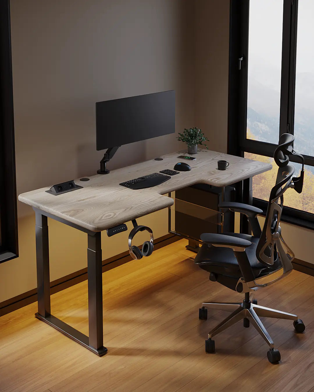 Стіл з регулюванням висоти LiteQuad з дерев’яною стільницею, розетками, полицею під ПК та бездротовою зарядкою