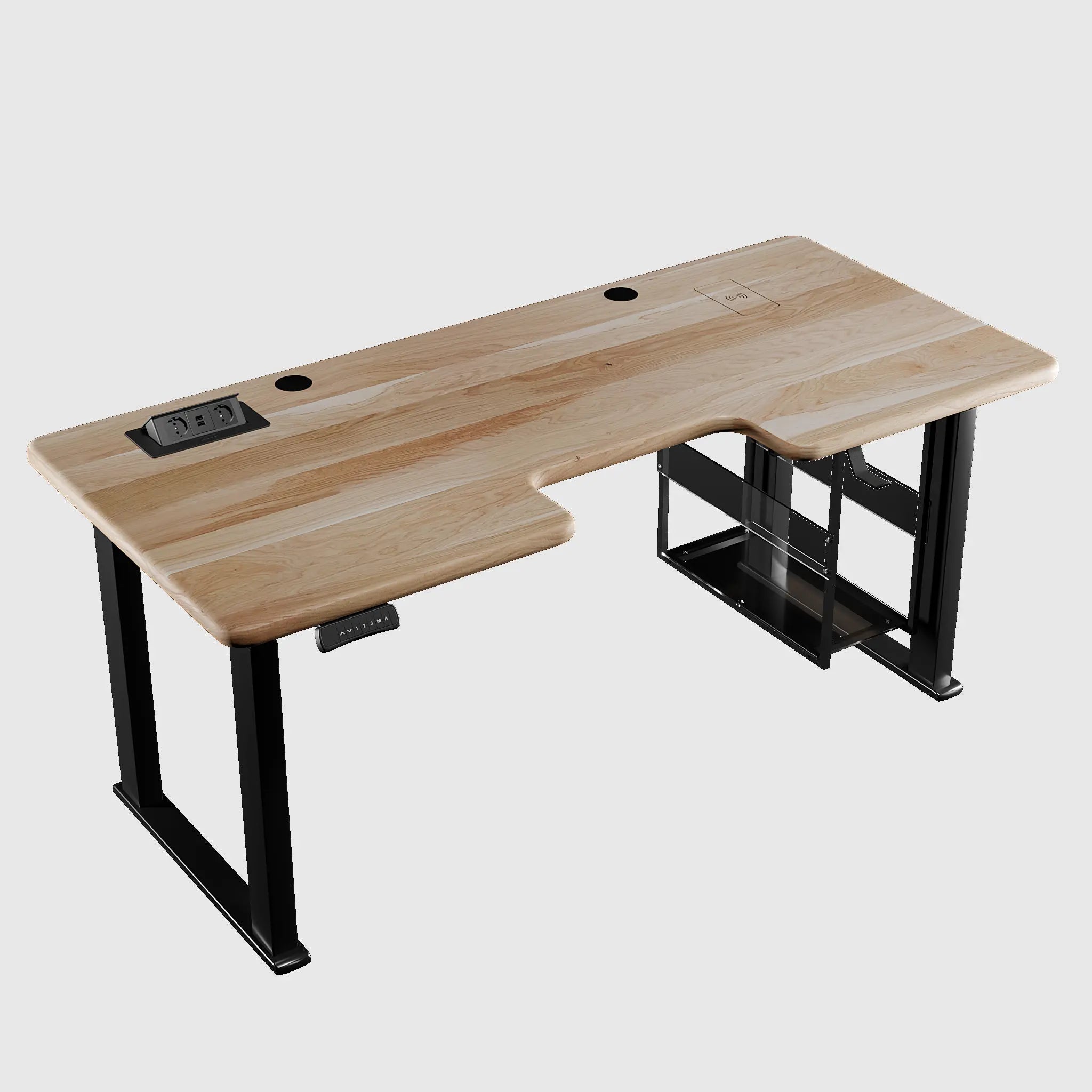 Стіл з регулюванням висоти LiteQuad з дерев’яною стільницею, розетками, полицею під ПК та бездротовою зарядкою
