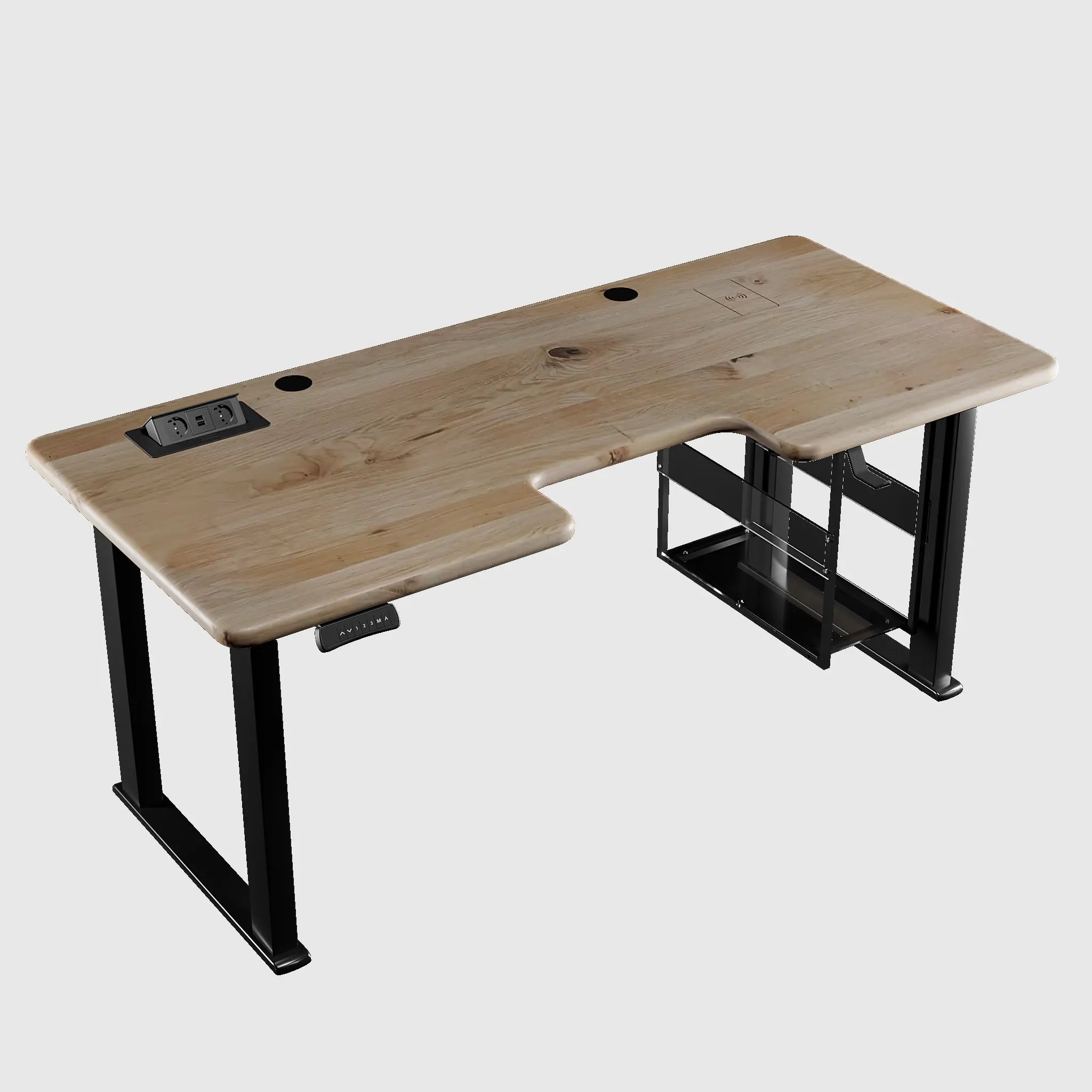 Стіл з регулюванням висоти LiteQuad з дерев’яною стільницею, розетками, полицею під ПК та бездротовою зарядкою