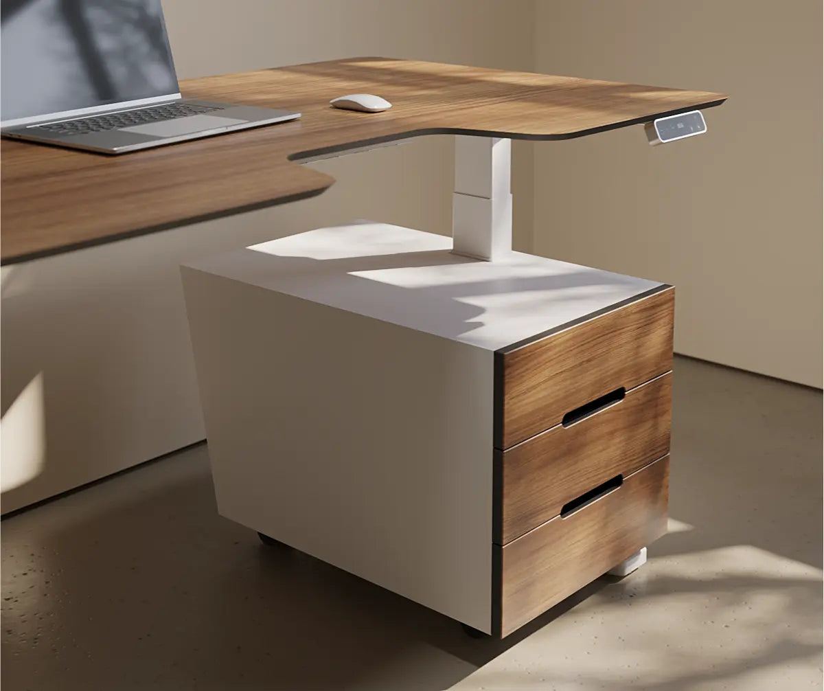 Підлогова тумба для стола з регулюванням висоти з фасадами з натурального дерева