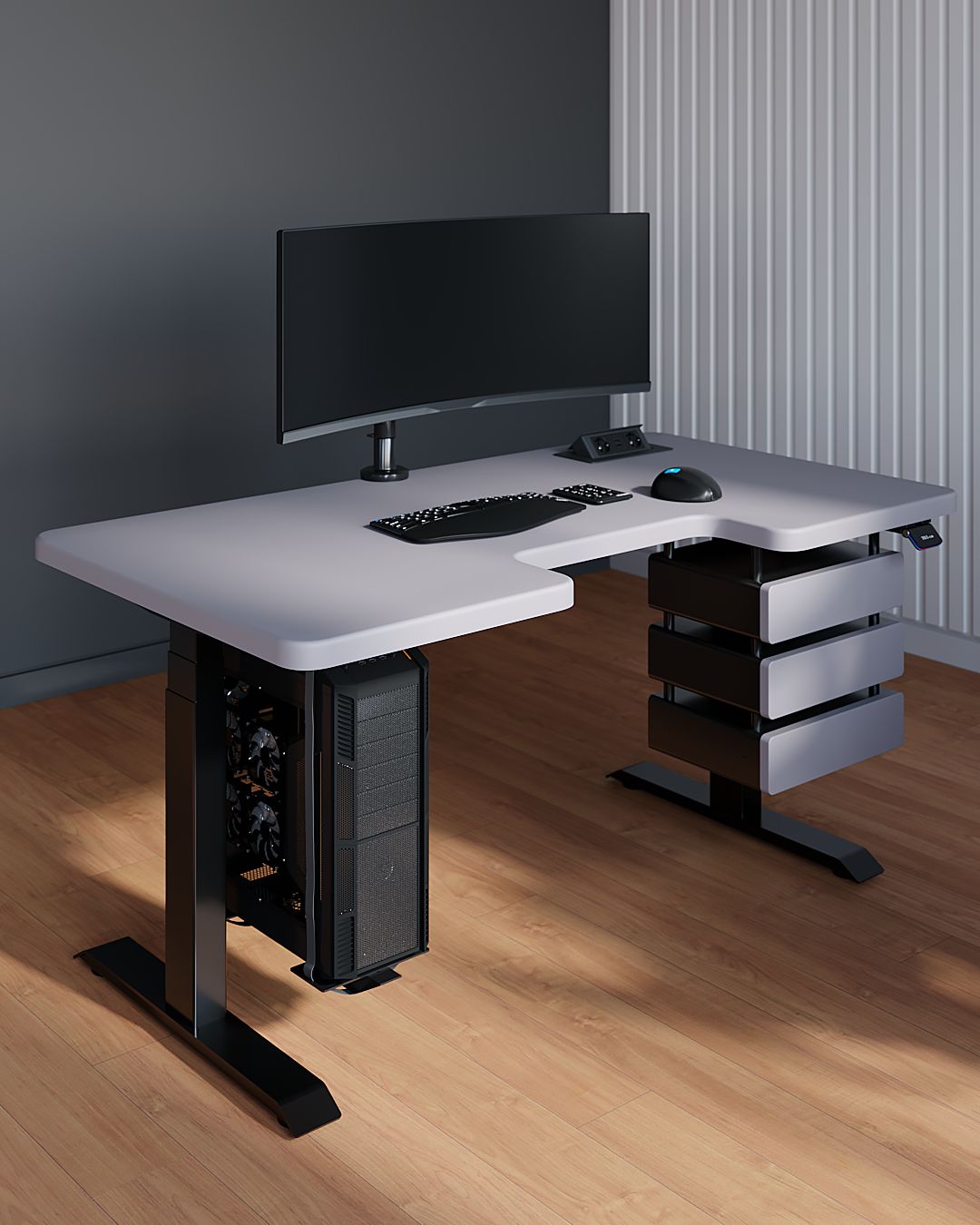 Стіл RockSolid з регулюванням висоти та МДФ стільницею 1600х820х36мм з полицею під ПК і підвісними шухлядами