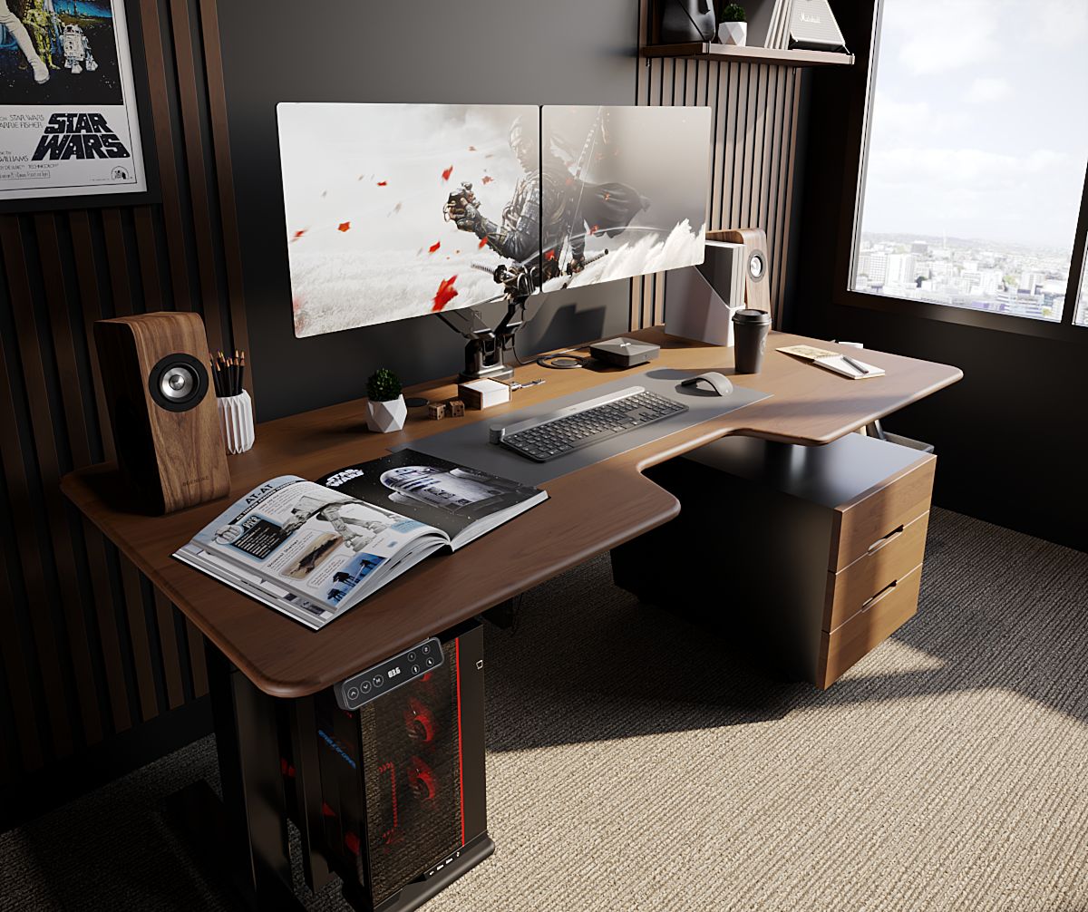 Ергономічний стіл з регулюванням висоти BestFit Pro з дубовою стільницею 1800×820×20 мм, тумбою та полицею під ПК — сучасне робоче місце для IT-спеціалістів