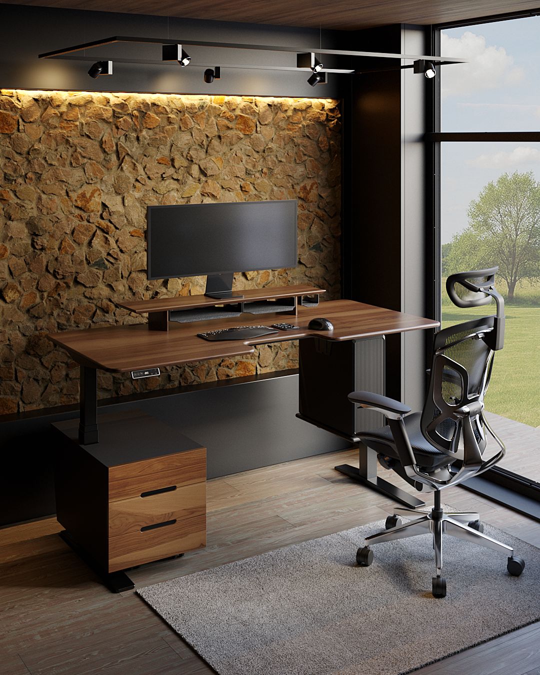 Компʼютерний стіл на базі рами StreamLine з регулюванням висоти та прихованим нижнім підключенням живлення