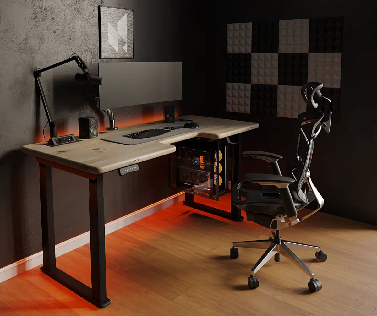 Стіл з регулюванням висоти LiteQuad з дерев’яною стільницею, розетками, полицею під ПК та бездротовою зарядкою