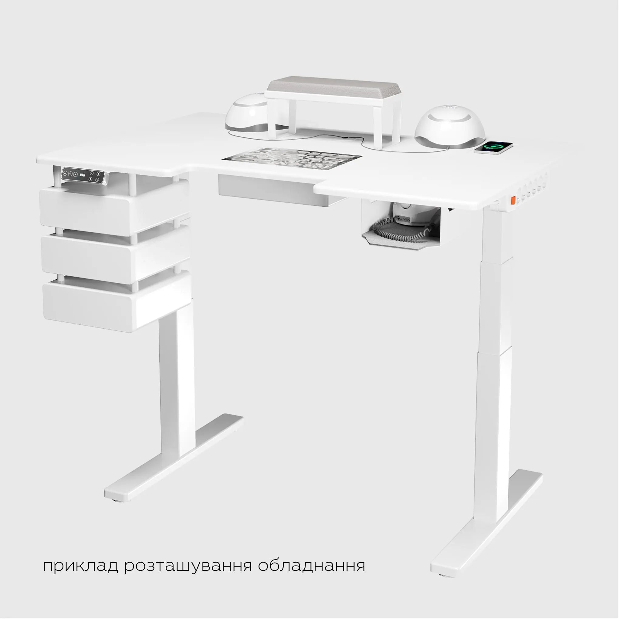Манікюрний стіл з електричним регулюванням висоти BestFit Pro приклад комплектації з УФ дампою, фрезером та витяжкою