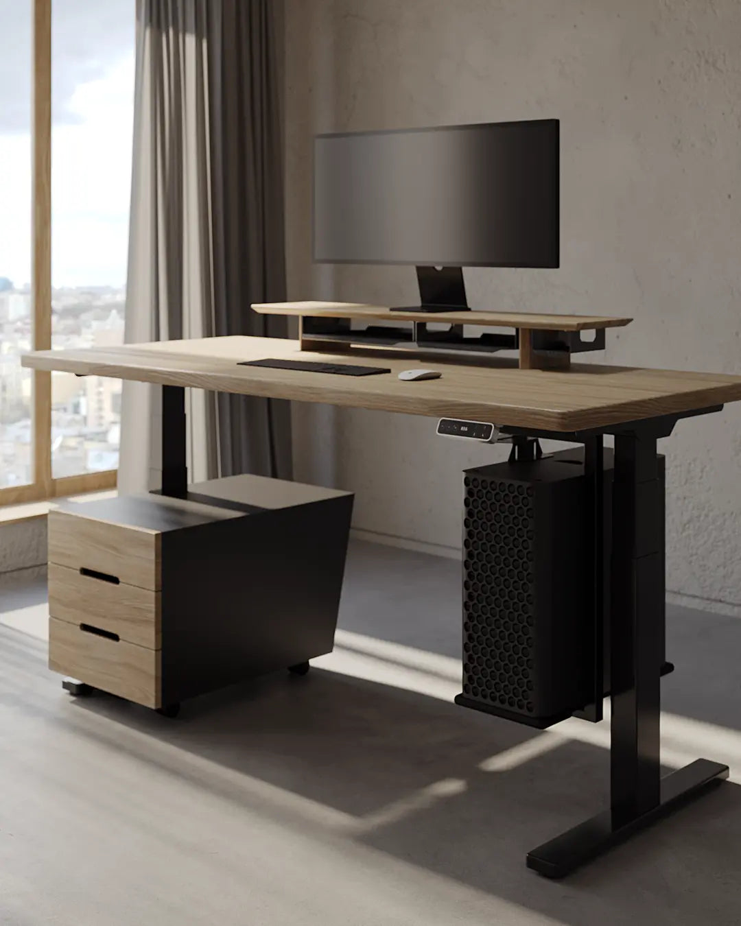 Підлогова тумба для стола з регулюванням висоти з фасадами з натурального дерева