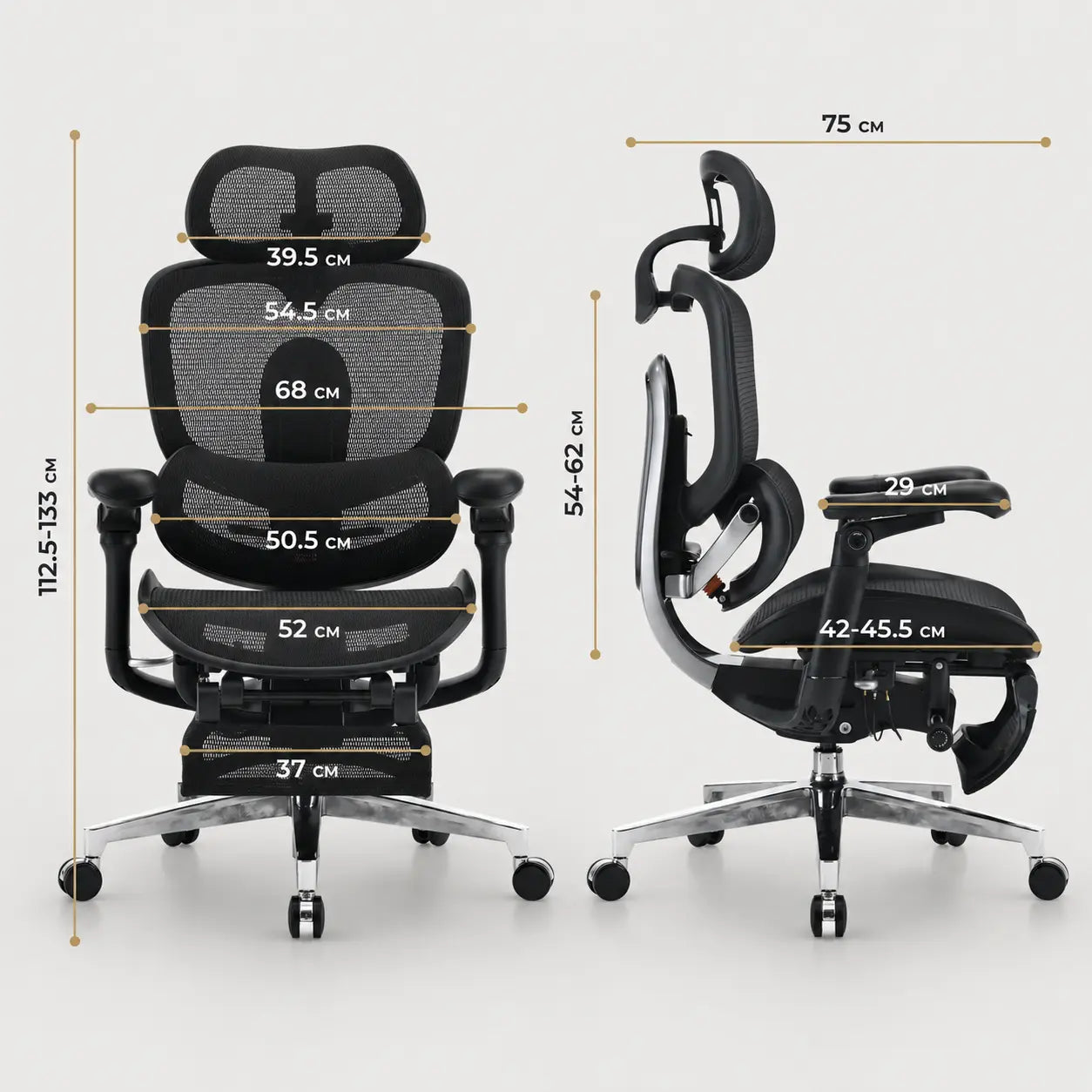 Розміри та діапазони регулювання крісла Sihoo Doro C500 V2